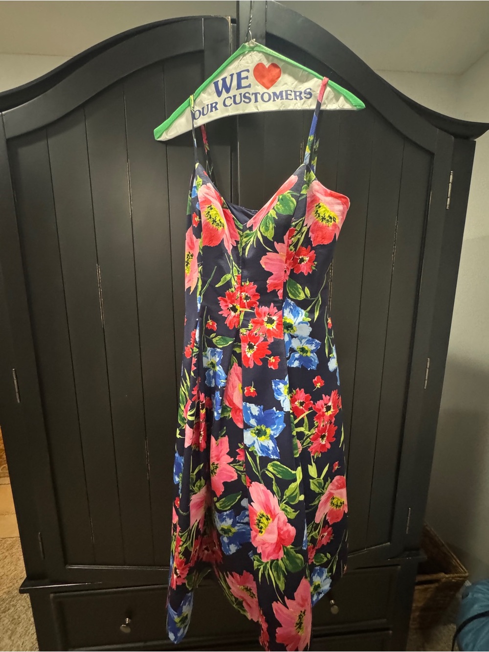Eliza J Navy Floral Spaghetti-Strap Midi Dress with Pink & Blue Blooms